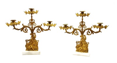 Lot 192 - A pair of Continental gilt metal three light mantle candelabra