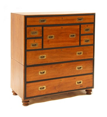 Lot 194 - A camphor and ebony secretaire campaign chest of drawers