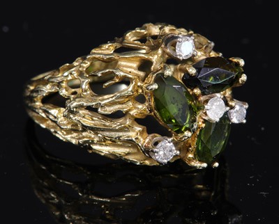 Lot 158 - An American tourmaline and diamond bombé form cluster ring, c.1970