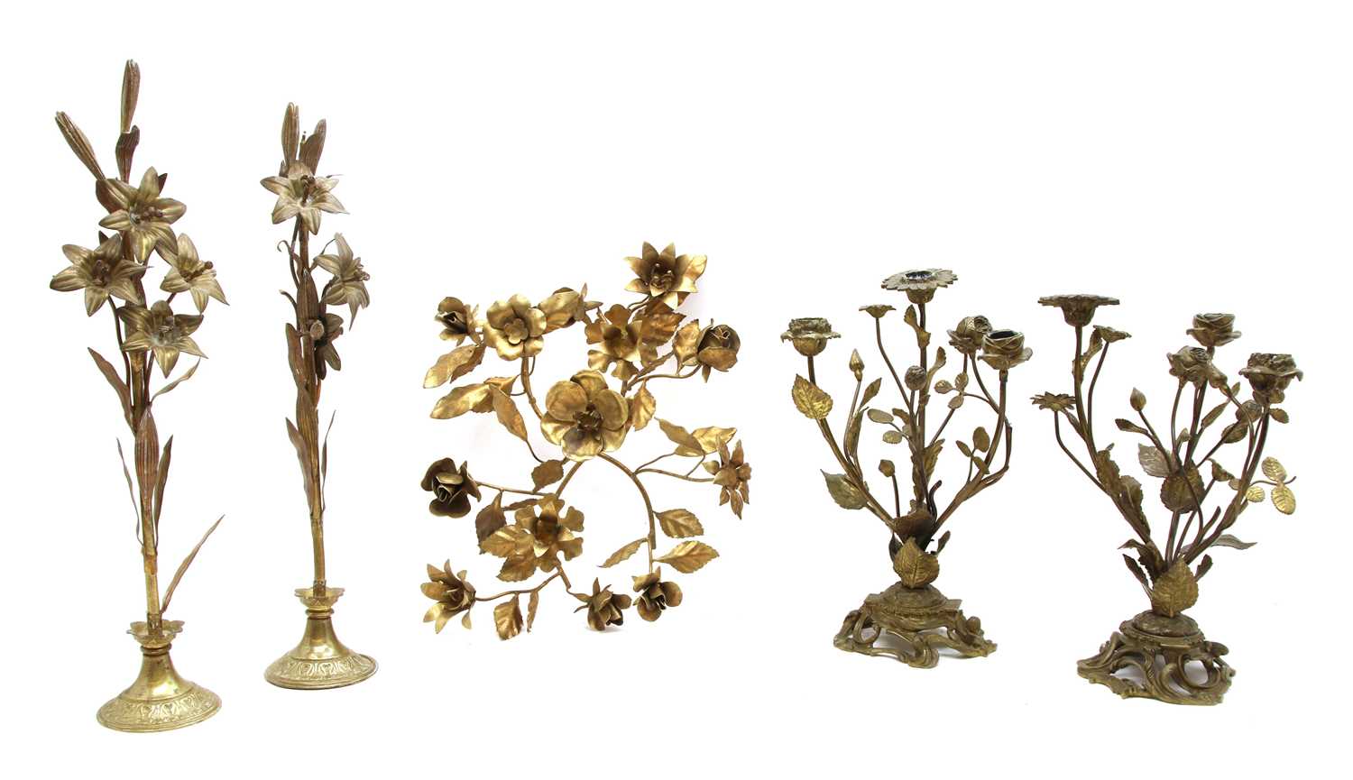 Lot 78 - A pair of French gilt brass three light table candelabra