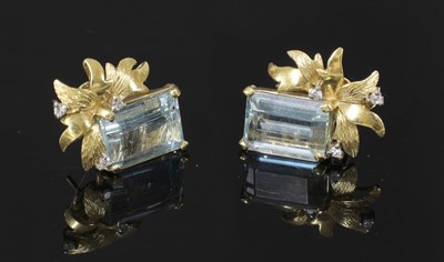 Lot 155 - A pair of aquamarine and diamond earrings, c.1950