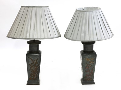 Lot 218 - A pair of Chinese pewter vase lamps and shades