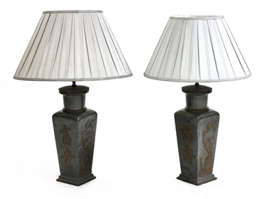 Lot 218 - A pair of Chinese pewter vase lamps and shades