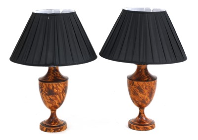 Lot 669 - A pair of faux tortoiseshell toleware vase-shaped lamps and shades