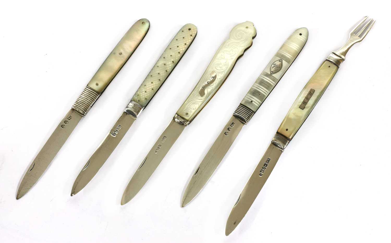 Lot 46 - Five silver and mother-of-pearl folding fruit knives
