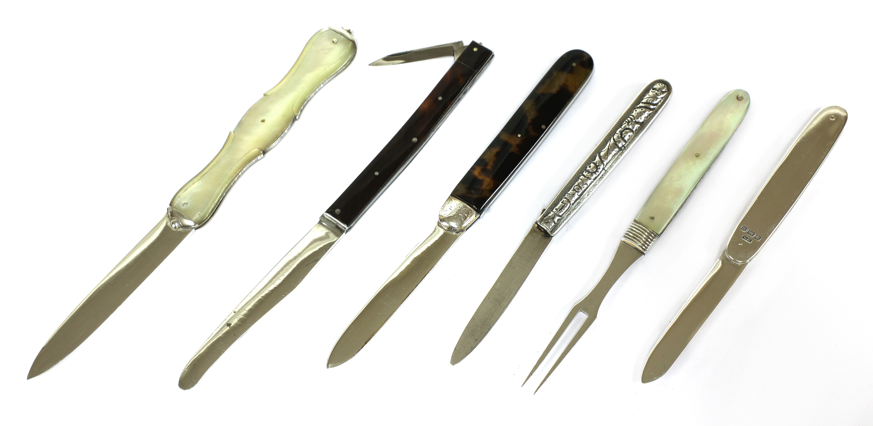 Lot 45 - Five various silver folding fruit knives and