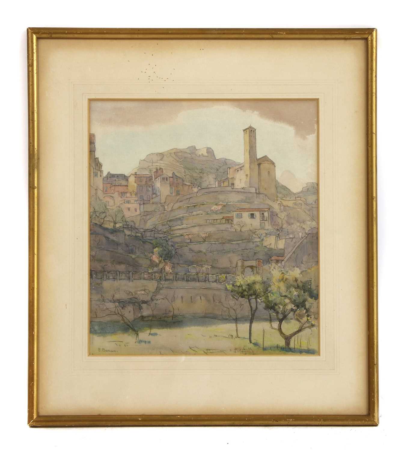 Lot 695 - E Barron (British, 20th Century), Italian hillside town