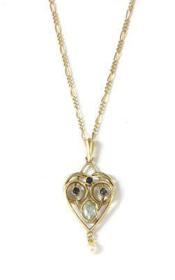 Lot 107 - A 9ct gold aquamarine, sapphire and pearl pendant