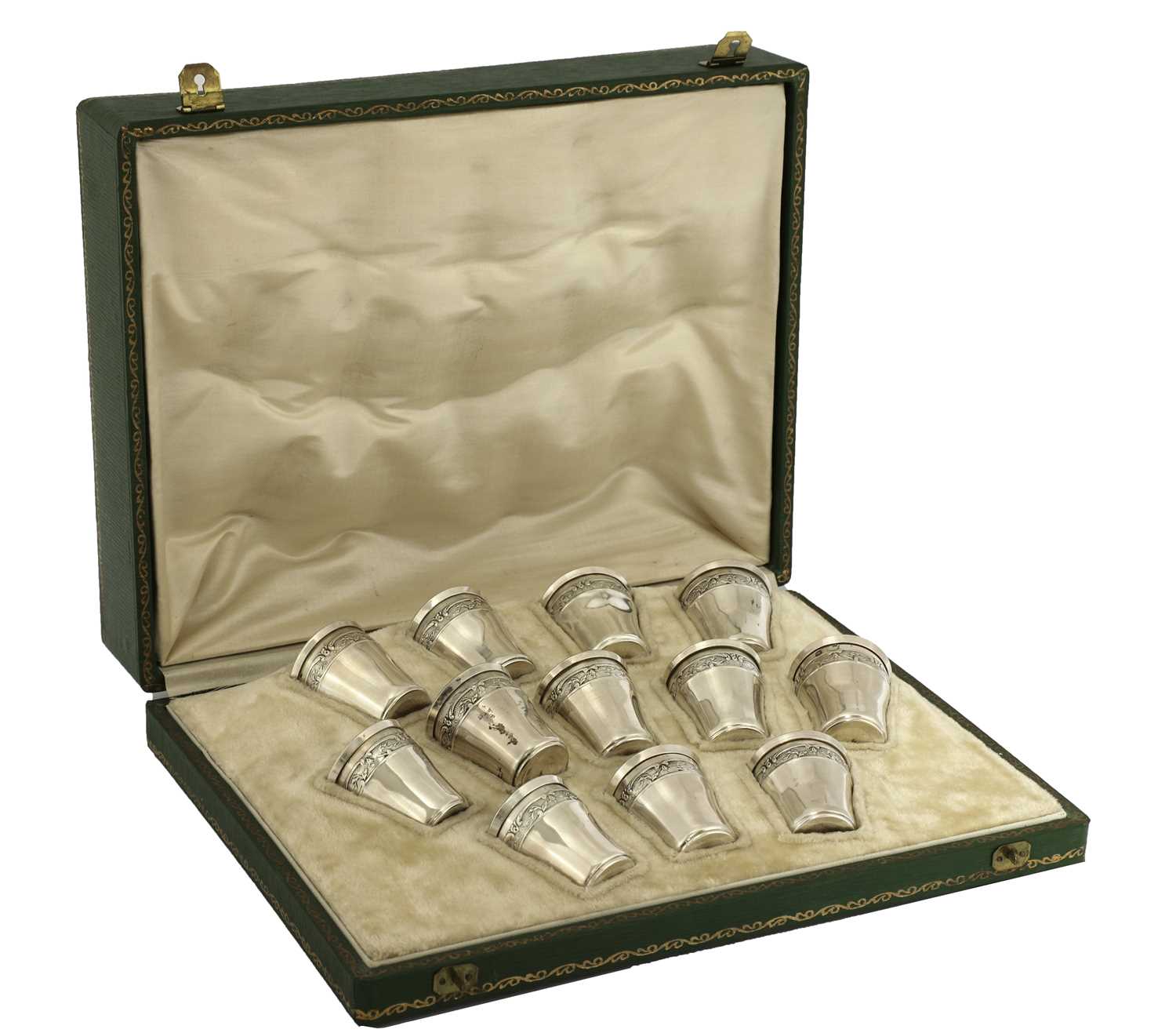 Lot 76 - A cased set of twelve French 950 standard silver vodka or liqueur cups
