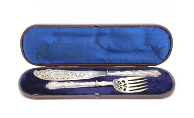 Lot 176 - Silver cutlery: a pair of cased silver fish servers, by Harrison Brothers and Howson