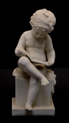 Lot 367 - After Canova, a late 19th century parian figure of a seated cherub