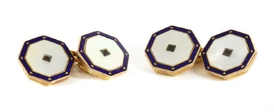Lot 134 - A pair of 9ct gold sapphire, mother-of-pearl and enamel cufflinks
