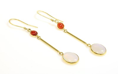 Lot 317 - A pair of gold fire opal and opal drop earrings