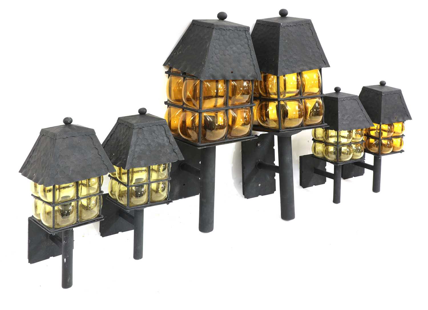 Lot 138 - A set of six Arts and Crafts wall lanterns