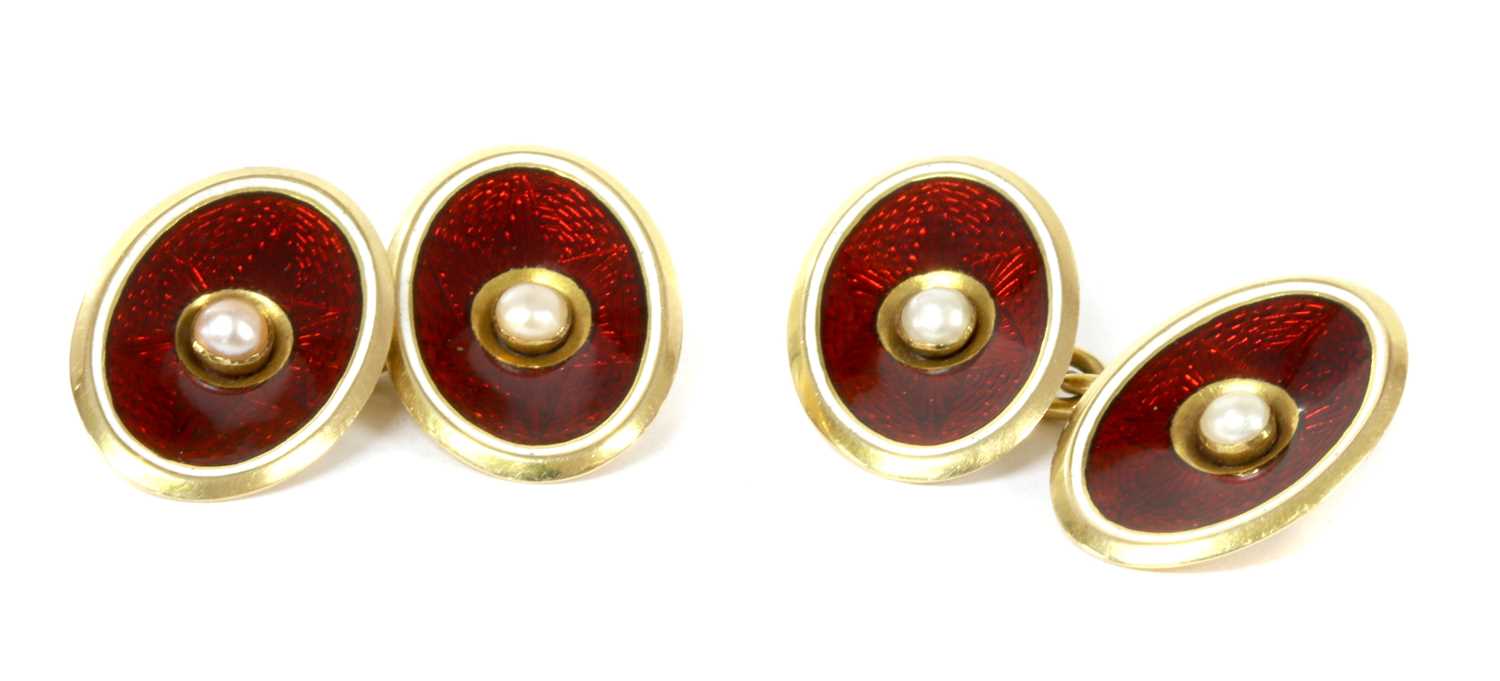 Lot 135 - A pair of gold enamel and pearl cufflinks