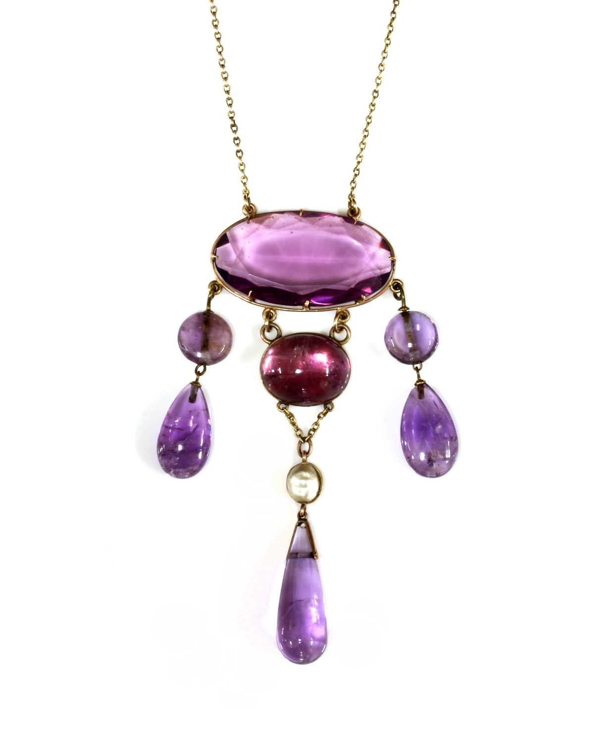Lot 78 - An Edwardian amethyst, paste and blister pearl necklace
