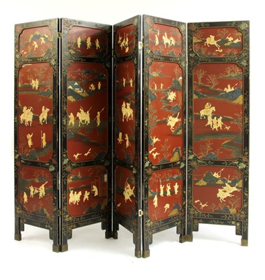 Lot 349 - A Chinese lacquered, painted and inlaid five-fold screen