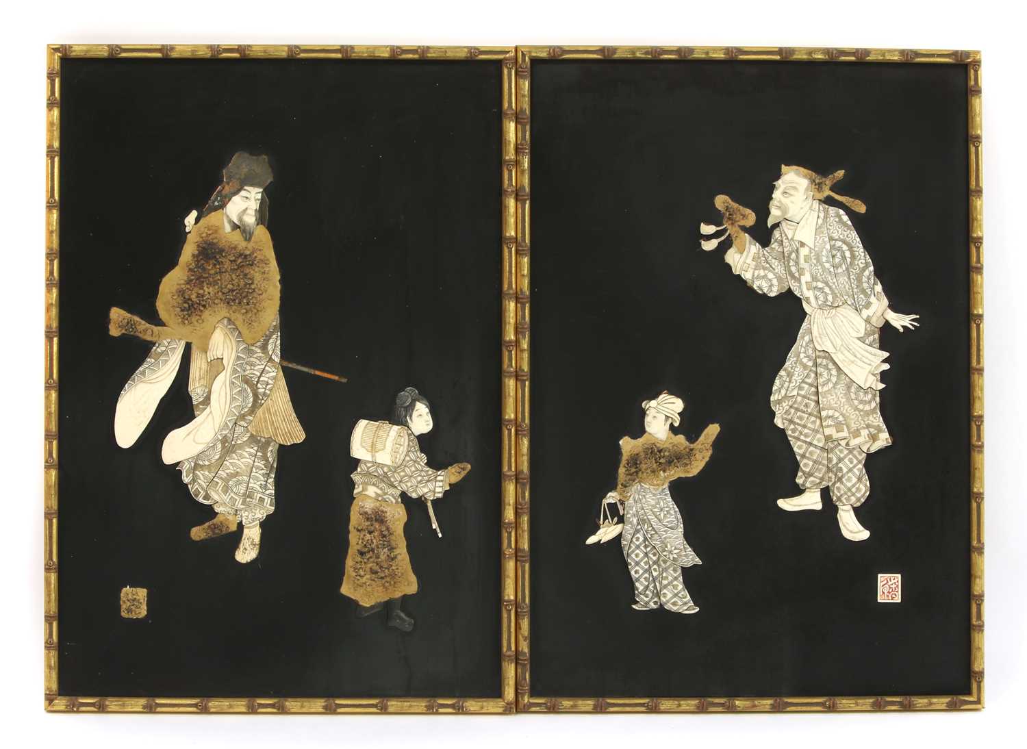 Lot 603 - A set of four Japanese ivory and bone inlaid lacquer panels