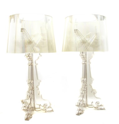 Lot 490 - A pair of Lucite table lamps and shades