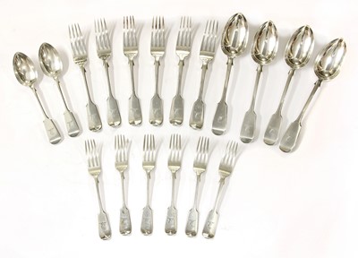Lot 4 - A part set of Victorian silver fiddle pattern cutlery