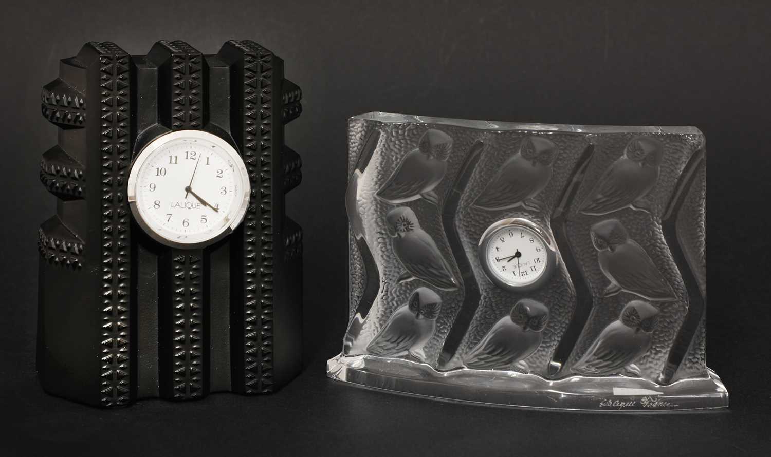 Lot 296 - Two Lalique glass clocks 'New York', and 'Hulotte'