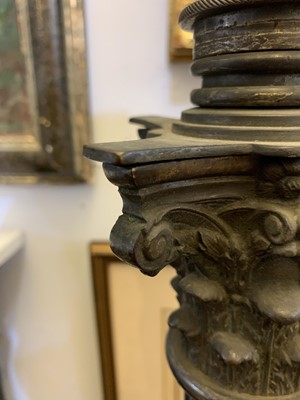 Lot 881 - A near pair of brass Corinthian column standard lamps