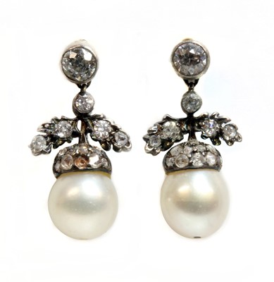 Lot 123 - A pair of late Victorian pearl and diamond acorn drop earrings