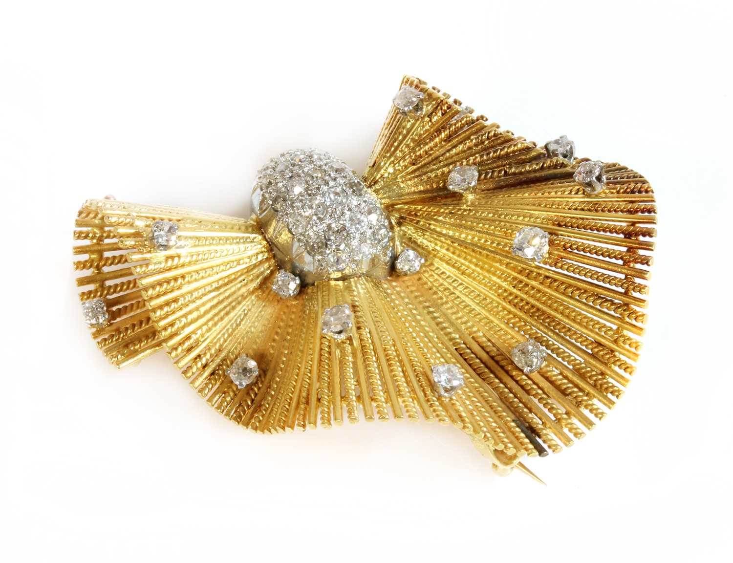 Lot 162 - A Continental gold and platinum, diamond set, bow brooch, c.1945-1955