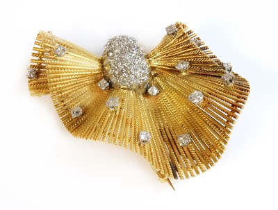 Lot 162 - A Continental gold and platinum, diamond set, bow brooch, c.1945-1955
