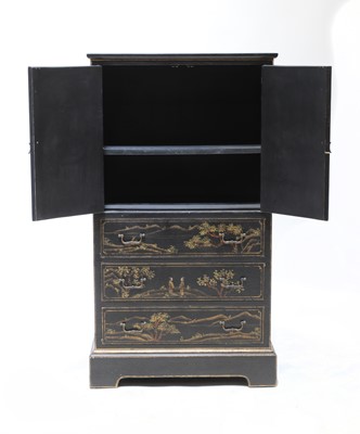 Lot 48 - A pair of chinoiserie ebonised, painted and gilt cabinets