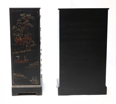 Lot 48 - A pair of chinoiserie ebonised, painted and gilt cabinets