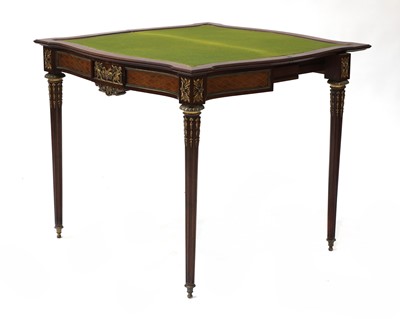 Lot 396 - A French bois satiné and parquetry fold-over card table