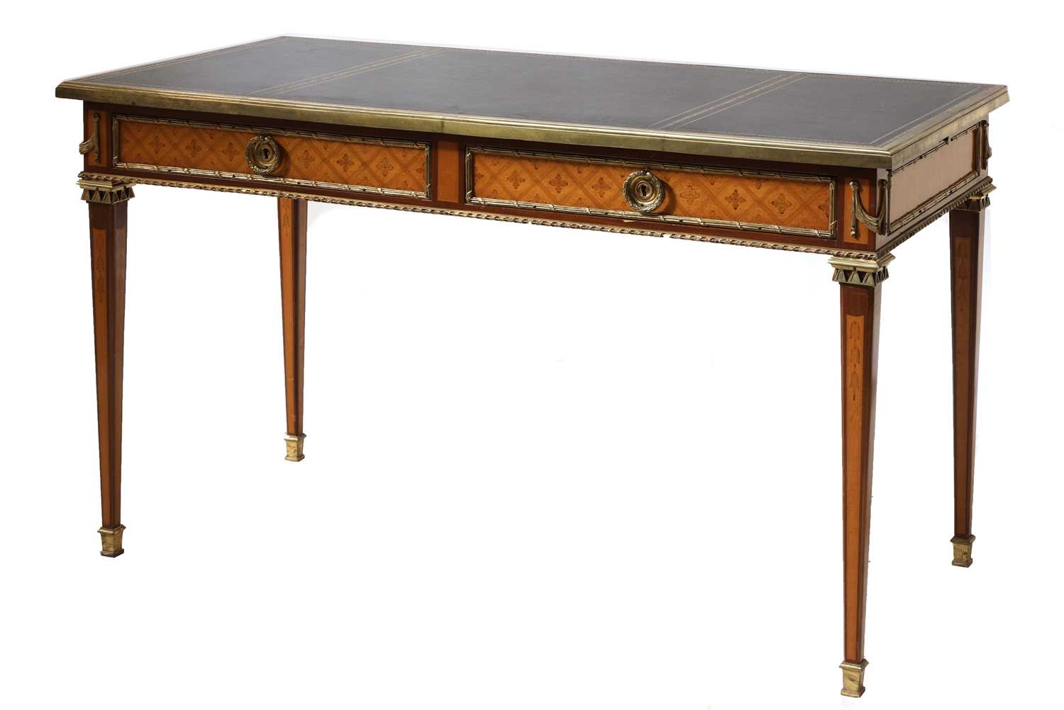 Lot 384 - A French Louis XVI-style mahogany, satinwood and gilt-metal mounted bureau plat