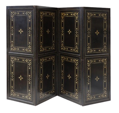Lot 82 - A Continental ebonised and painted four fold screen