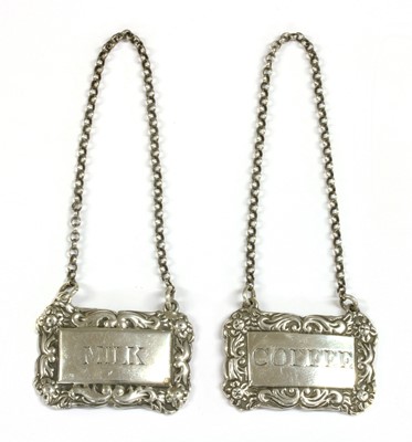 Lot 240 - Two sterling silver 'Milk' & 'Coffee'  labels