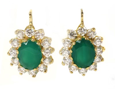 Lot 200 - A pair of gold dyed green agate and cubic zirconia cluster earrings