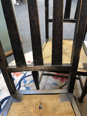 Lot 165 - A set of five Arts and Crafts oak and ebonised chairs