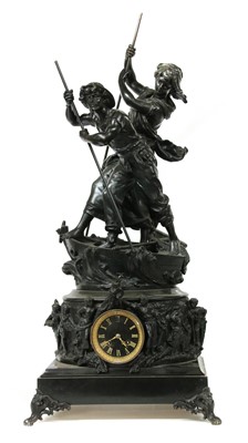 Lot 456B - A 19th century French spelter clock, surmounted by figures in a boat, 80cm high