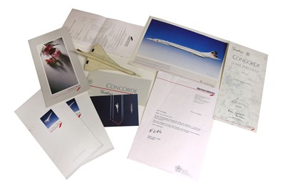 Lot 122 - Concorde memorabilia, comprising: silk scarf, menu, flight certificate