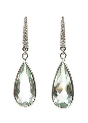 Lot 149 - A pair of white gold green beryl and diamond drop earrings