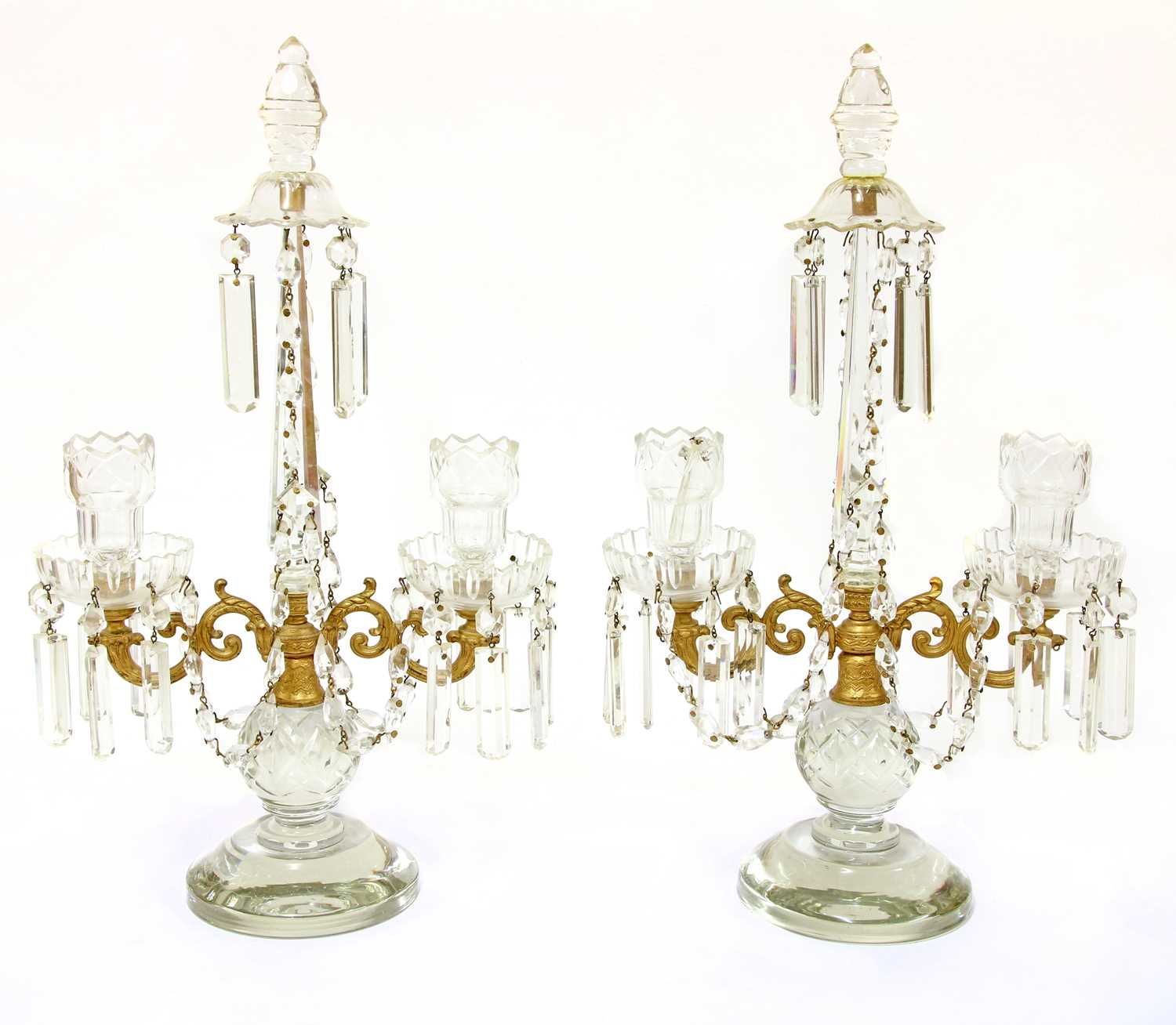 Lot 283 - A pair of two-branch cut-glass table lustres