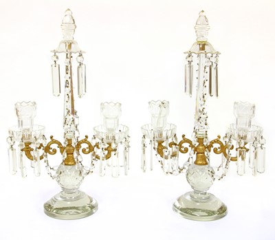 Lot 283 - A pair of two-branch cut-glass table lustres