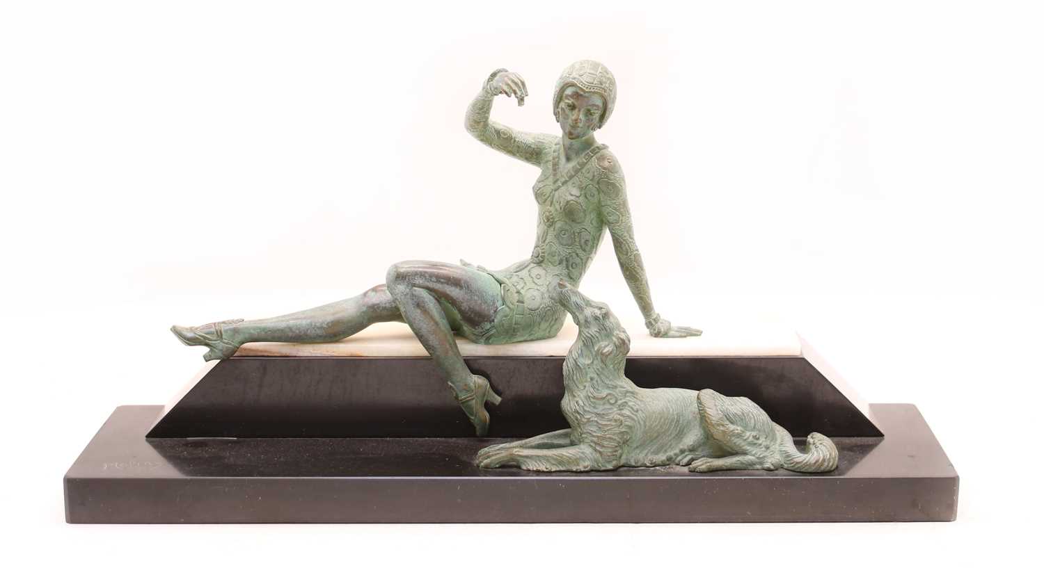 Lot 193 - An Art Deco style bronzed figure of a woman and a dog