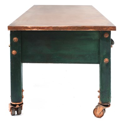 Lot 410 - A large copper topped green painted baker's table