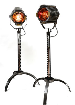 Lot 409 - A pair of steel, copper and brass 'Strand' electric stage lights