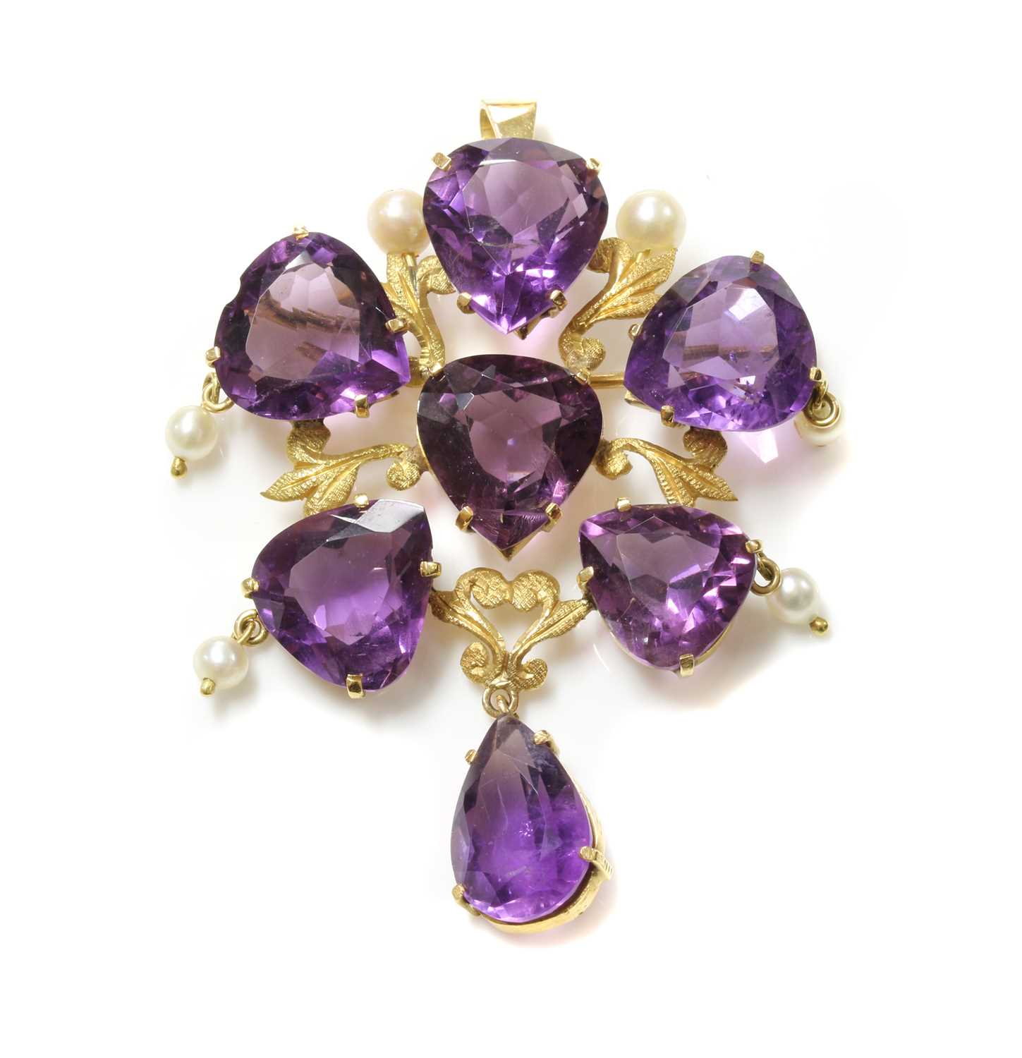 Lot 186 - A Continental gold amethyst and cultured pearl brooch/pendant