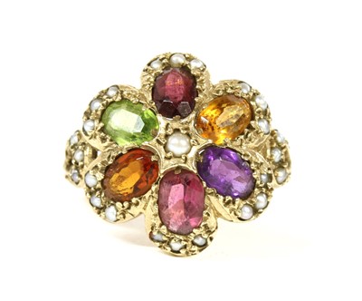Lot 201 - A 9ct gold multi gem flower head cluster ring, c.1970