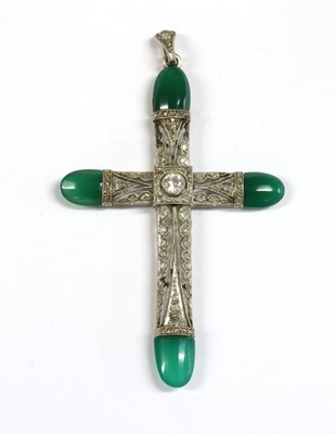 Lot 53 - A platinum diamond and dyed green agate Latin cross pendant, c.1915