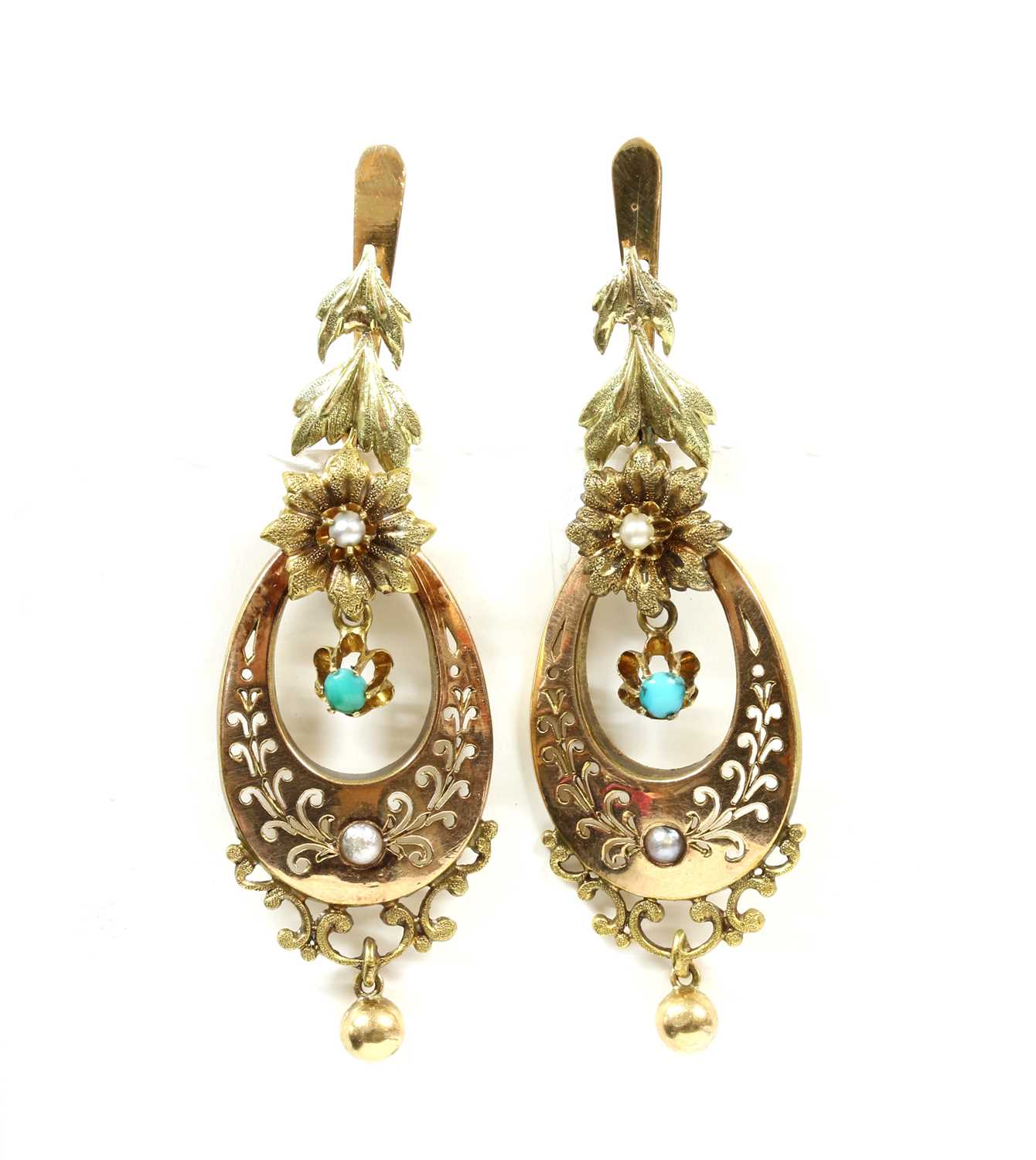 Lot 17 - A pair of gold turquoise and split pearl drop earrings