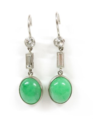 Lot 79 - A pair of platinum jade and diamond earrings